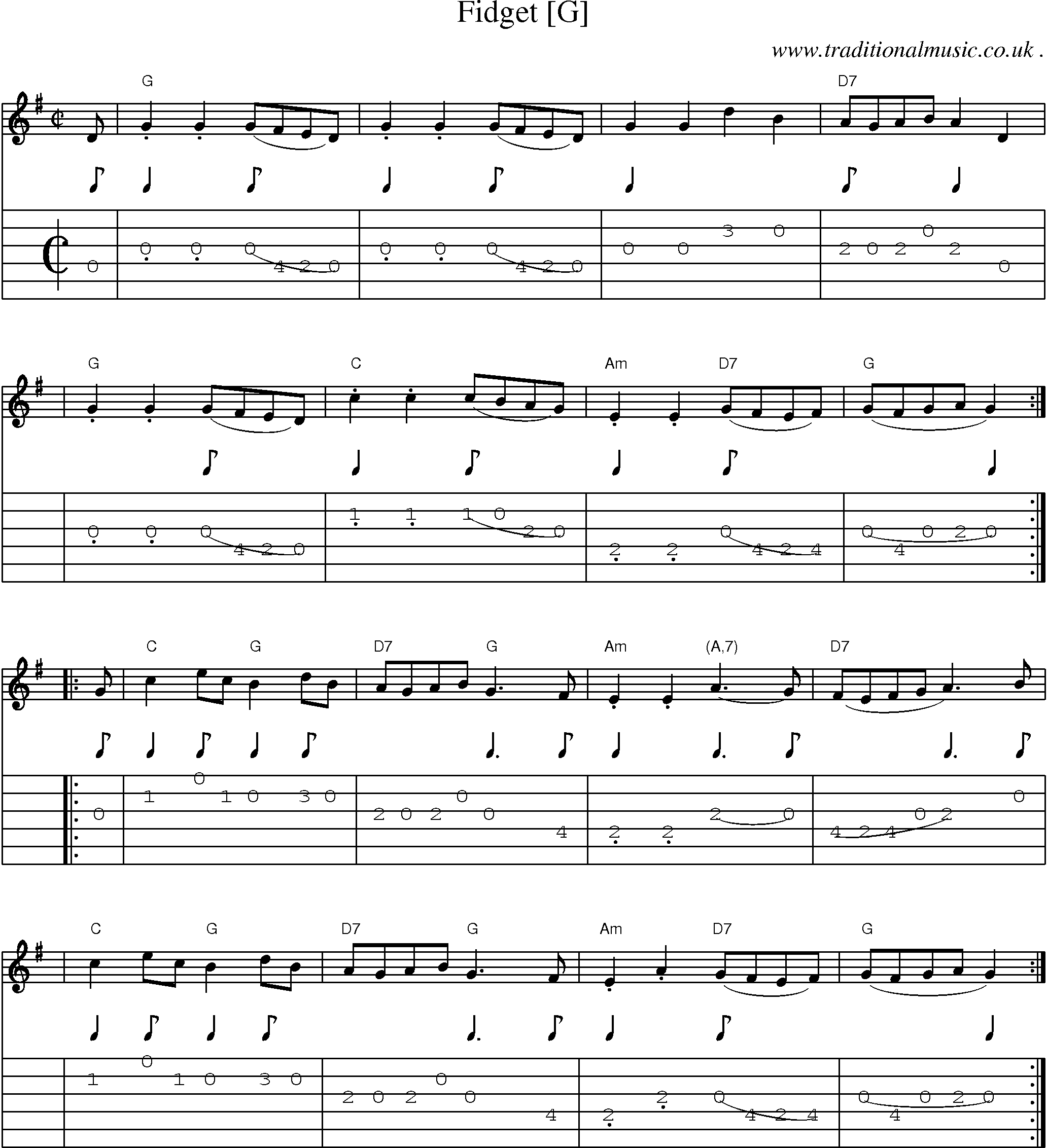 Sheet-music  score, Chords and Guitar Tabs for Fidget [g]